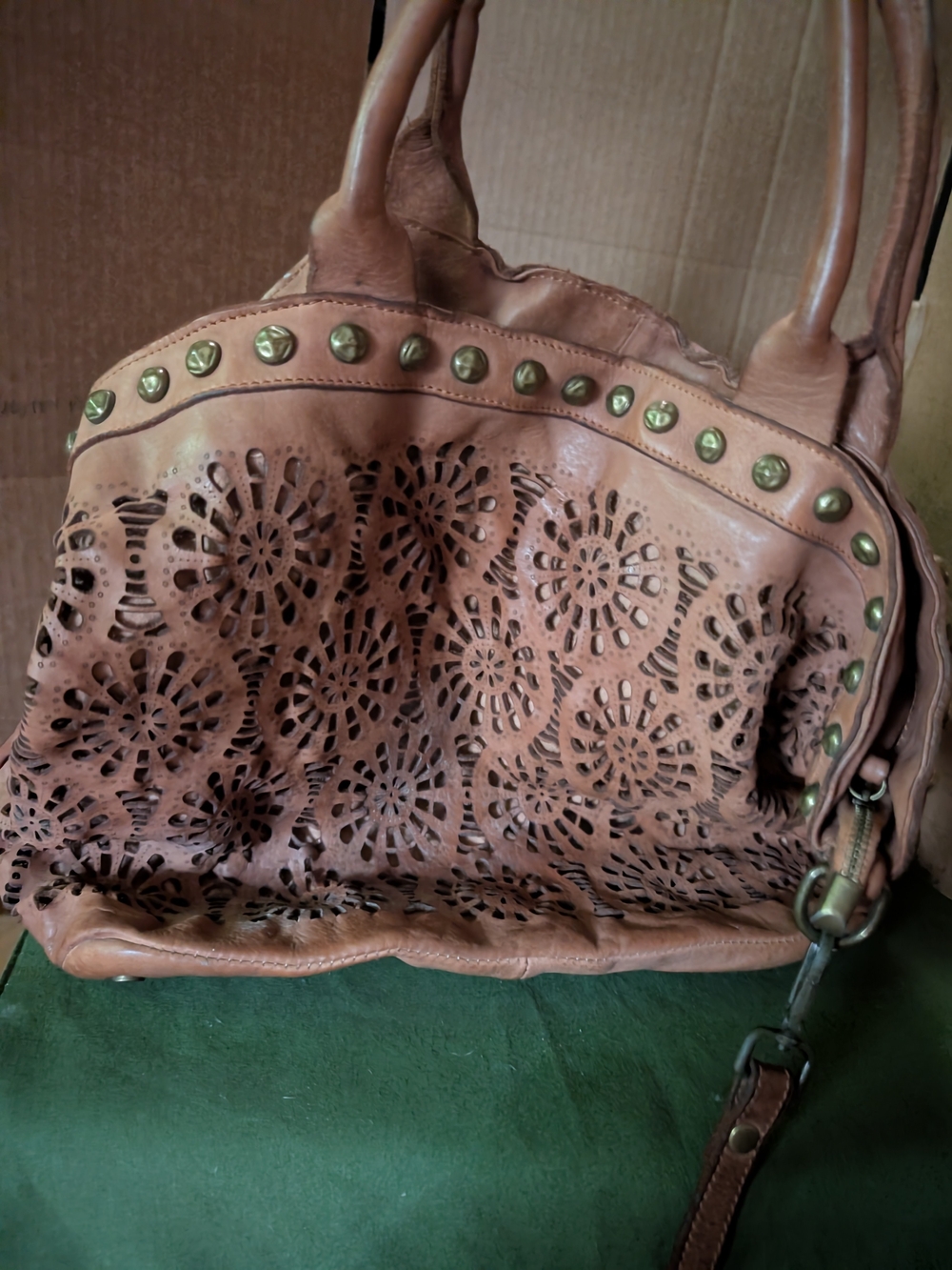 Tan Laser-Cut Leather Shoulder Bag with Stud Accents